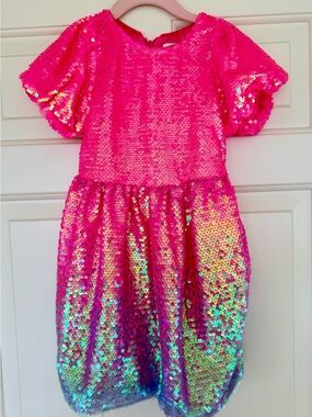 Lola + The Boys Bubble Gum Short Puff Sleeve Shimmer Sequin Dress 4